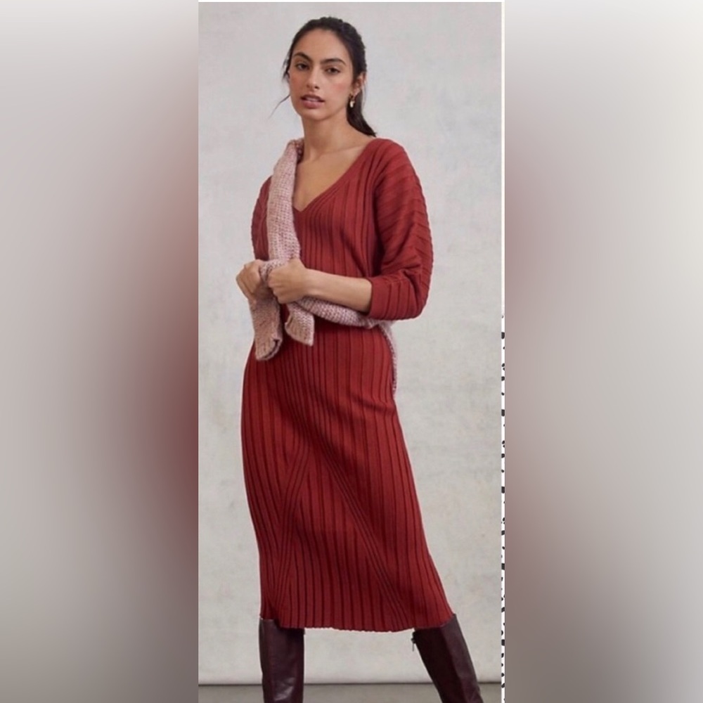 Anthropologie | Maeve Maris Ribbed Knit Rust Red Sweater Midi Dress M
